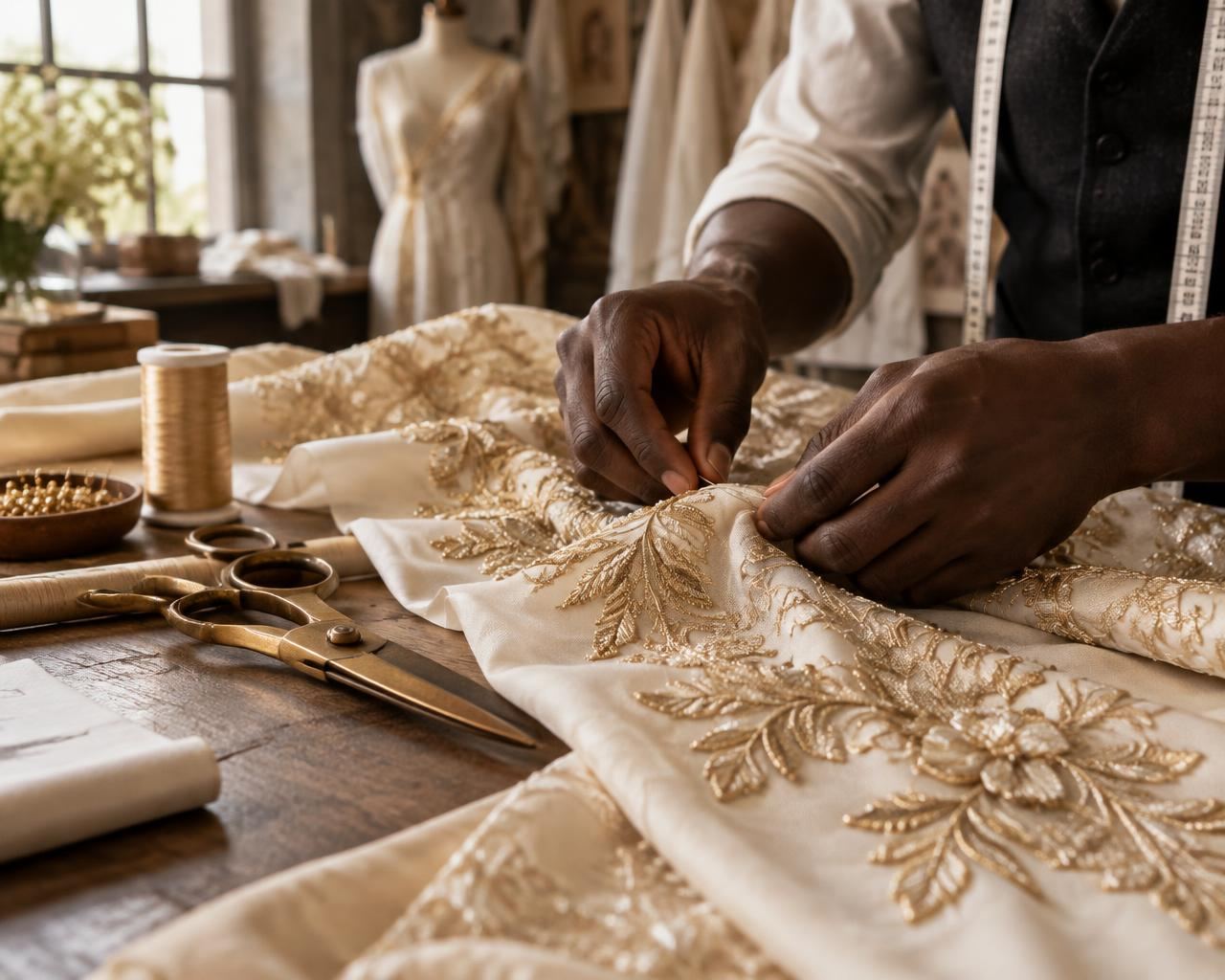 Détail de broderie dorée sur tissu ivoire